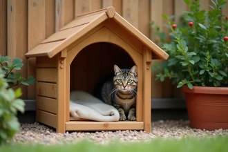 Abri chat extérieur en bois installé contre une clôture de jardin avec un chat tigré regardant à l'extérieur