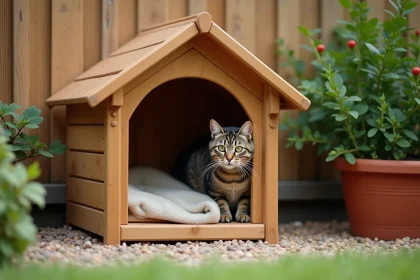 Abri chat extérieur en bois installé contre une clôture de jardin avec un chat tigré regardant à l'extérieur