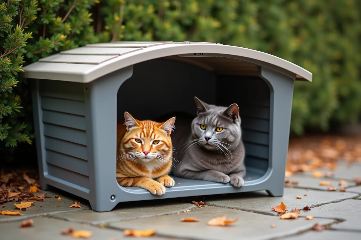 Deux chats installés dans un abri extérieur résistant aux intempéries posé sur une terrasse en pierre en automne