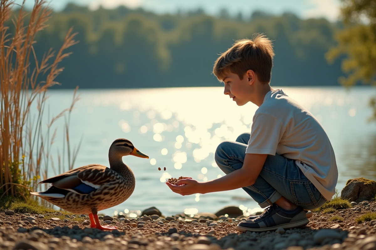 Adolescent offrant des graines à un canard au bord du lac