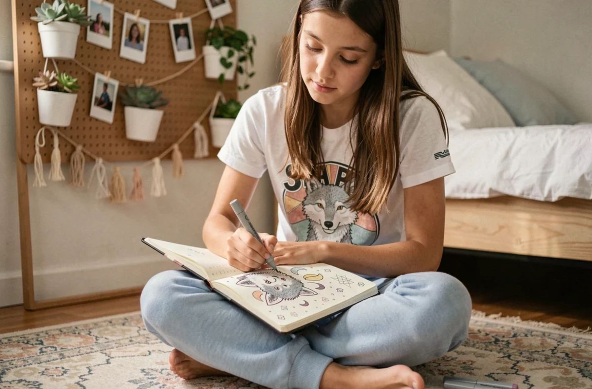 Adolescente assise sur le sol de sa chambre en train de dessiner un loup décoratif dans son carnet bullet journal entouré de marqueurs gris