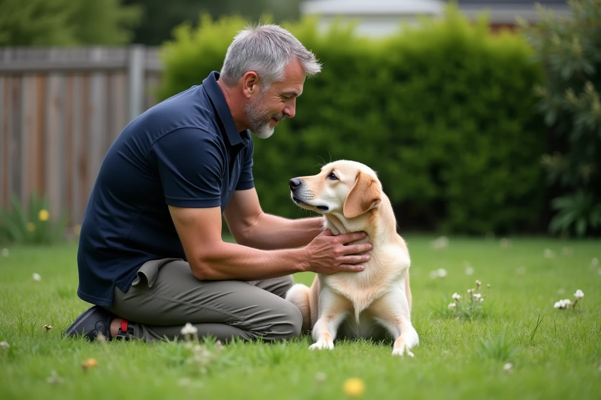 Homme rencontrant un chien adopté dans un jardin résidentiel