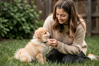 Jeune femme tenant un chiot Boo aux poils crème dans un jardin, illustrant l'adoption sécurisée d'un chien Boo à vendre