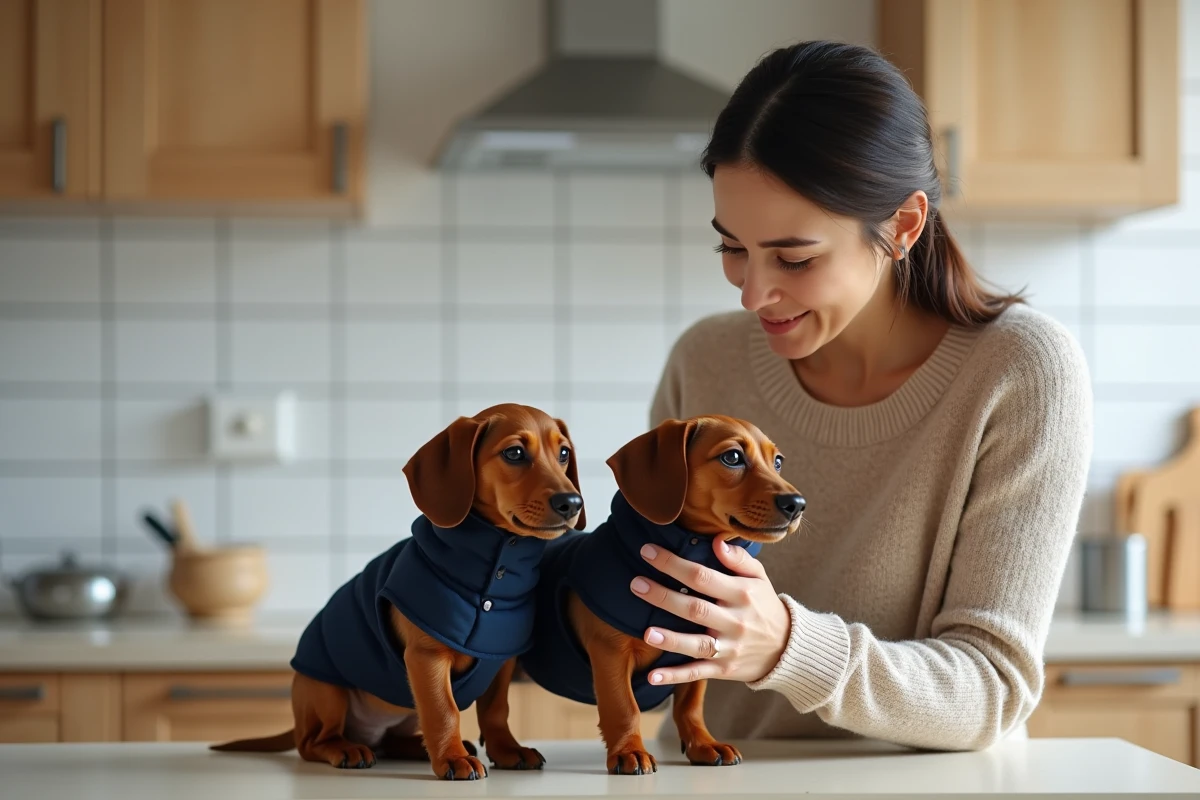 Femme ajustant un manteau bleu marine sur un chiot teckel posé sur un comptoir de cuisine, vérifiant l'ajustement autour du torse