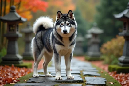 Akita Inu bringé bleu en position alerte dans un jardin japonais automnal, pelage tigré bleu-gris bien visible