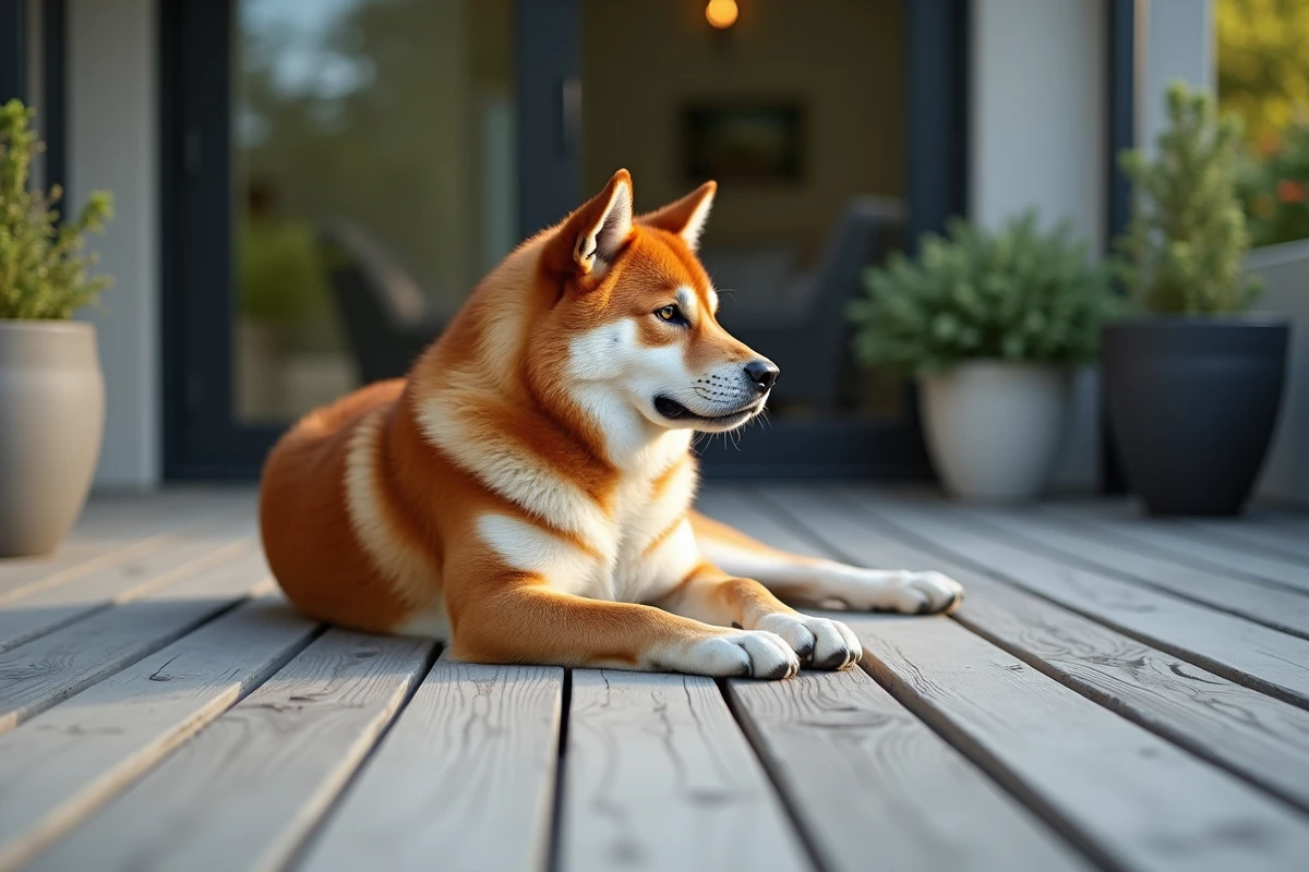 Akita Inu bringé rouge couché sur une terrasse en bois, pelage roux avec rayures sombres bien contrastées