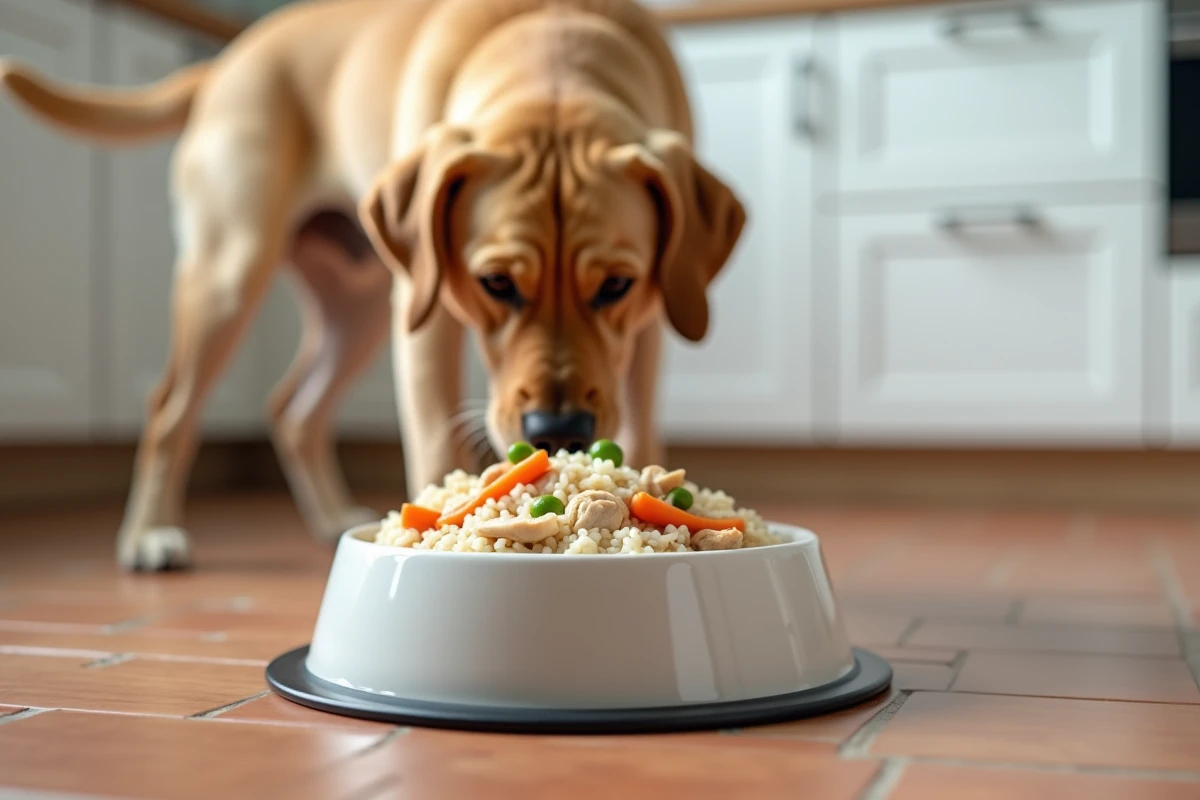 Chien Labrador reniflant un bol de riz cuit et poulet vapeur, alimentation adaptée pour chien qui vomit