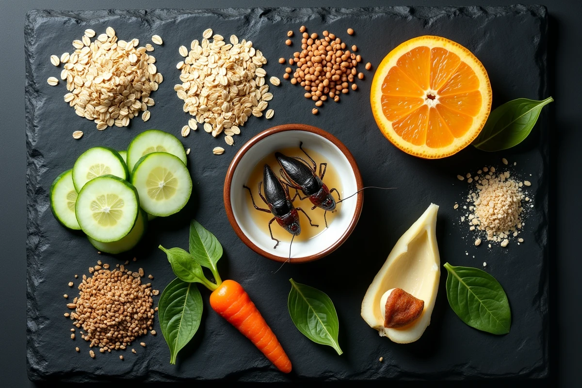 Vue du dessus d'aliments variés pour nourrir les grillons : avoine, concombre, lentilles, orange et épinards sur ardoise sombre