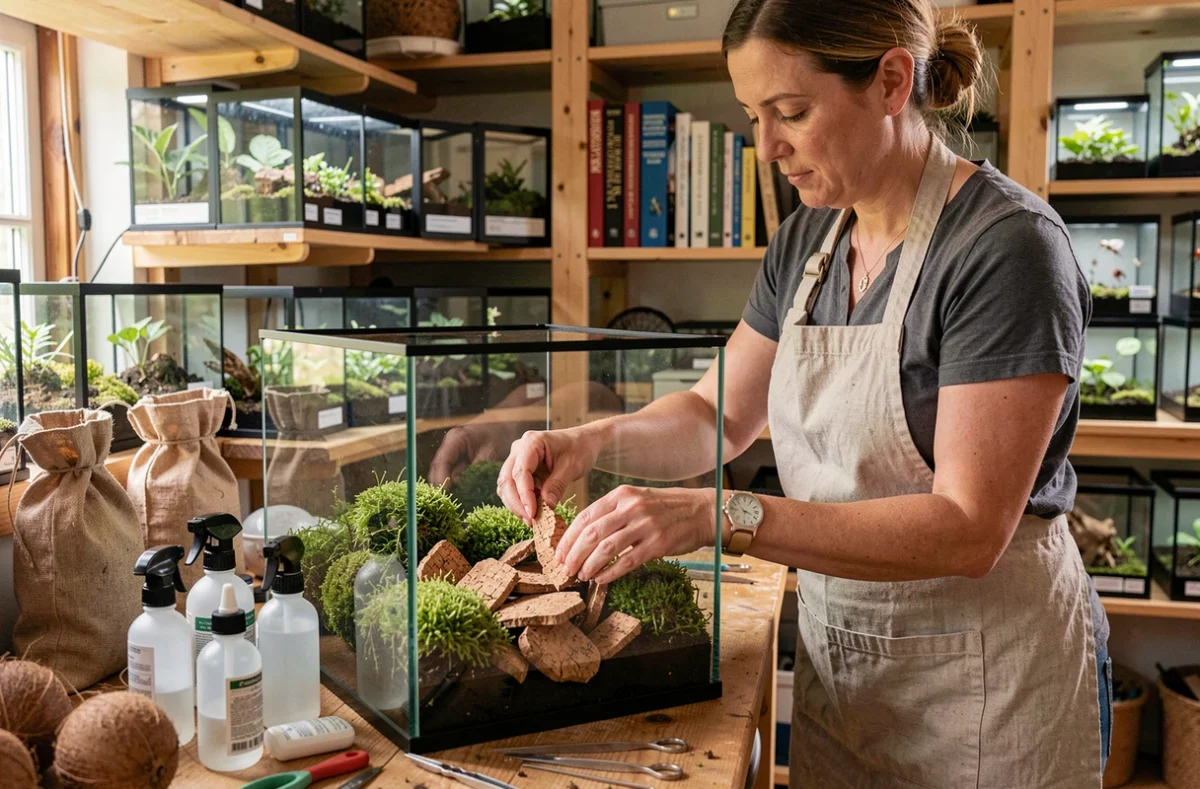 Femme naturaliste préparant et aménageant un terrarium pour mante religieuse dans un atelier vivarium à domicile