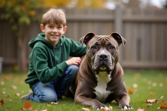 Enfant souriant posant sa main sur le dos d'un American Bully XL bringé dans un jardin en automne