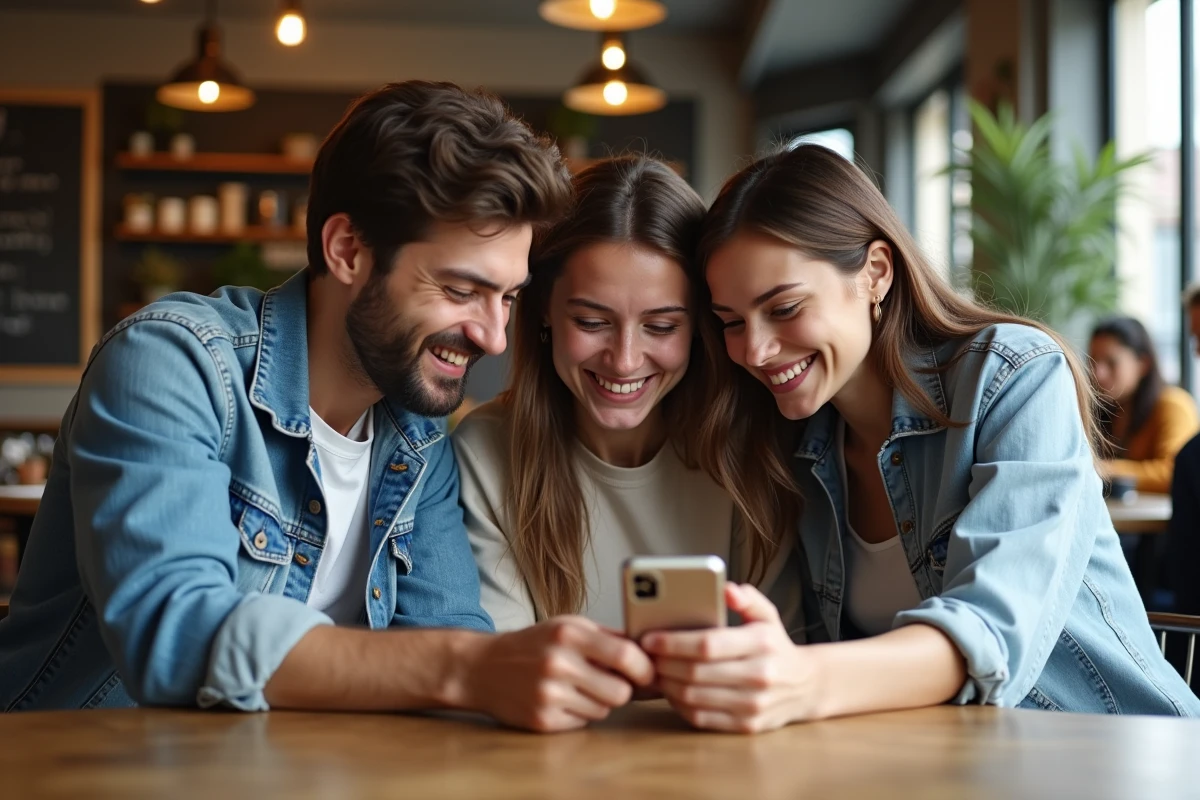 Groupe d'amis réunis dans un café autour d'un smartphone montrant un site communautaire de fans de chats, partageant un moment de complicité