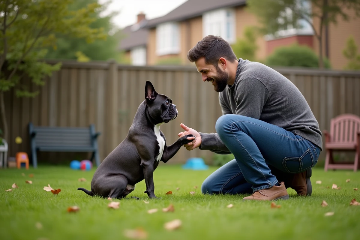 Homme enseignant au chien bulldog à donner la patte dans le jardin