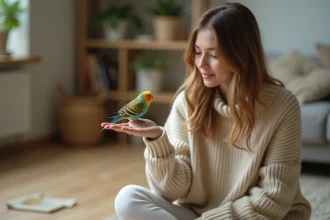 Femme apprivoisant une perruche omnicolore craintive en lui tendant la main avec patience dans un salon chaleureux