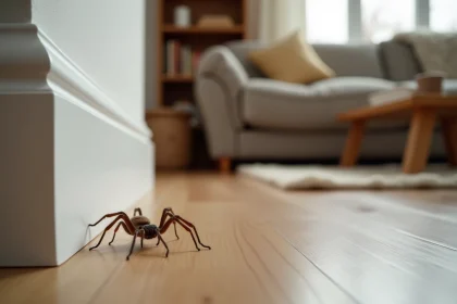 Petite araignee brune dans un salon chaleureux et moderne