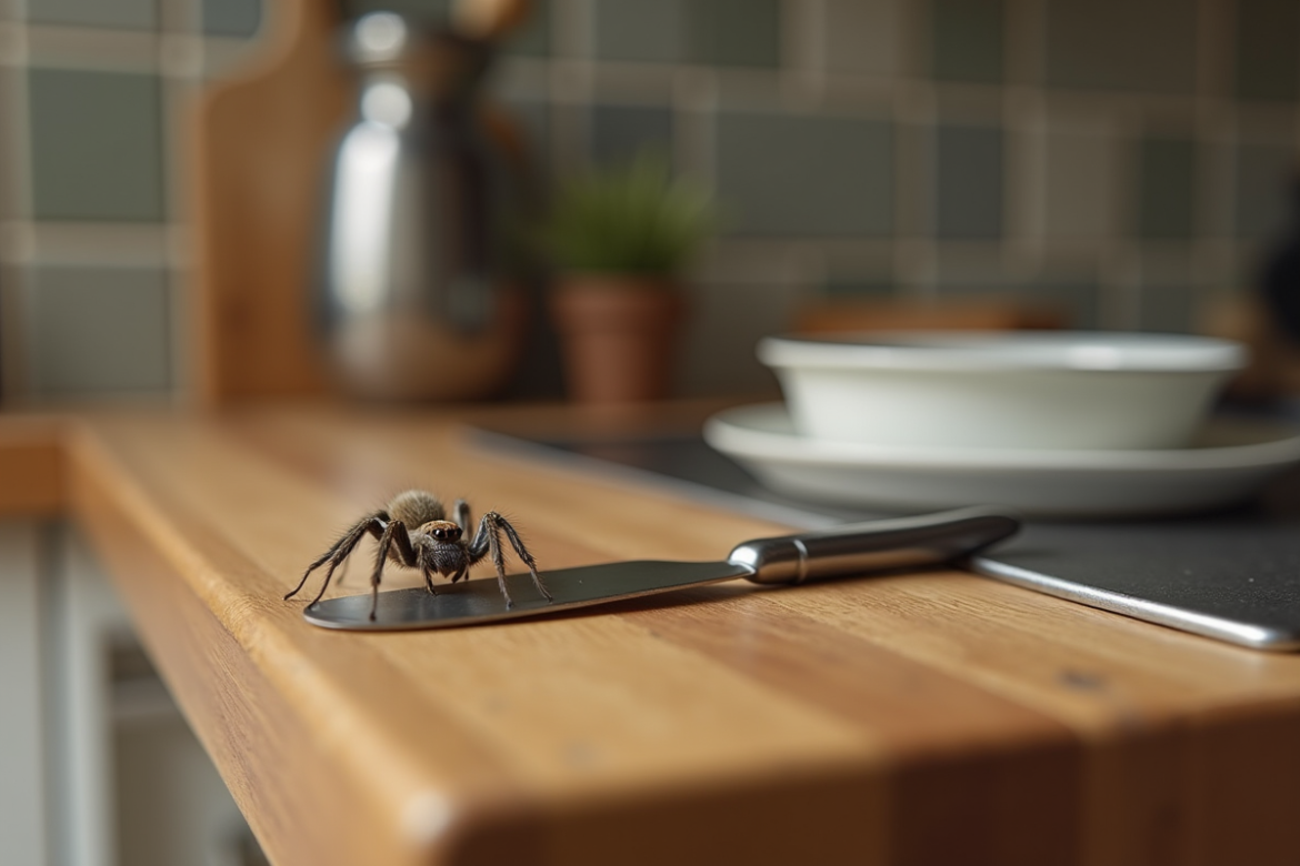 Gros plan d'une araignee de maison sur un plan de travail en bois