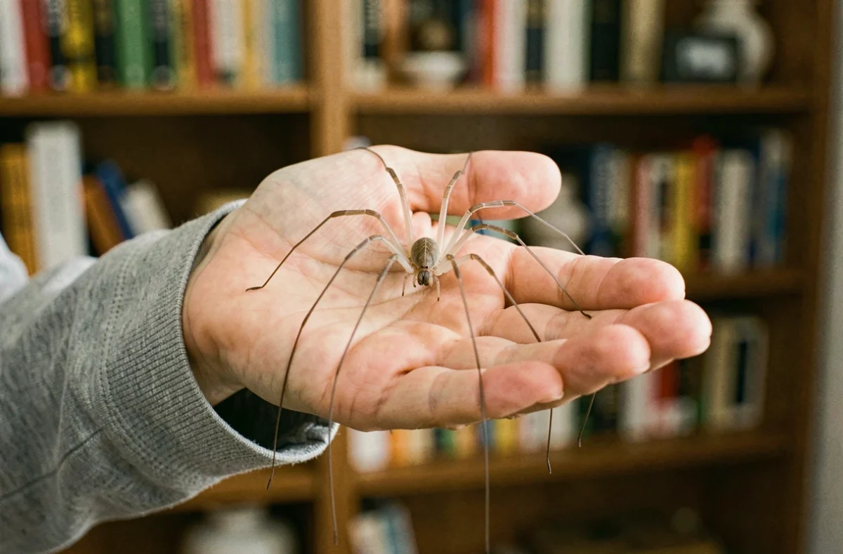 Main d'une femme tenant délicatement une araignée Pholcus phalangioides aux longues pattes dans un intérieur domestique