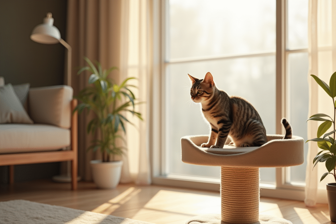 Arbre à chat beige dans un salon moderne avec chat curieux