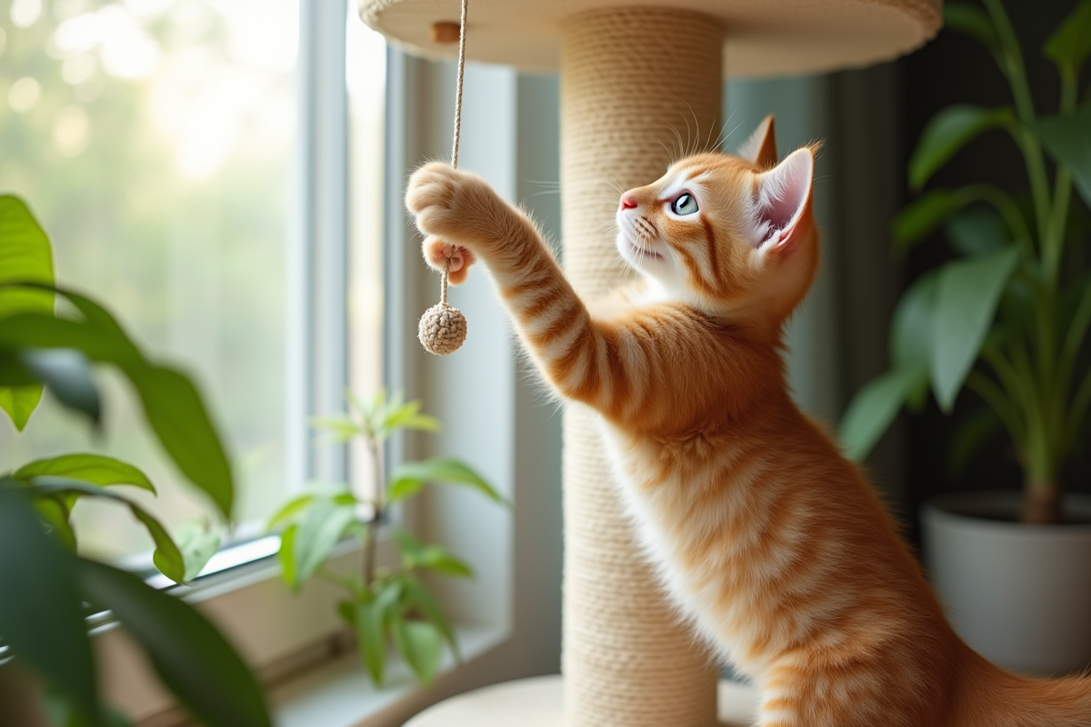 Jeune chaton roux jouant près d un arbre à chat beige