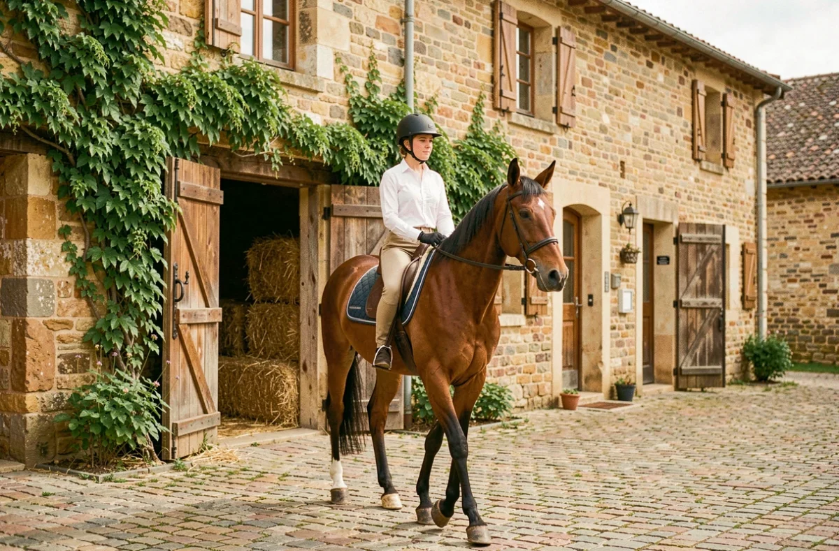 Cavalière menant son cheval dans la cour pavée de l'Auberge Savoye, centre équestre rural du Rhône