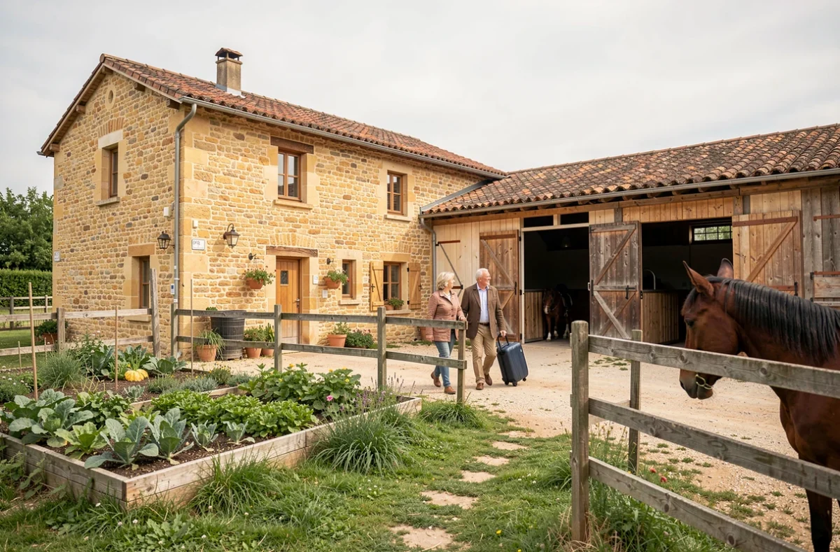 Propriété à double vocation dans le Rhône combinant hébergement rural et structures équestres avec cheval en paddock
