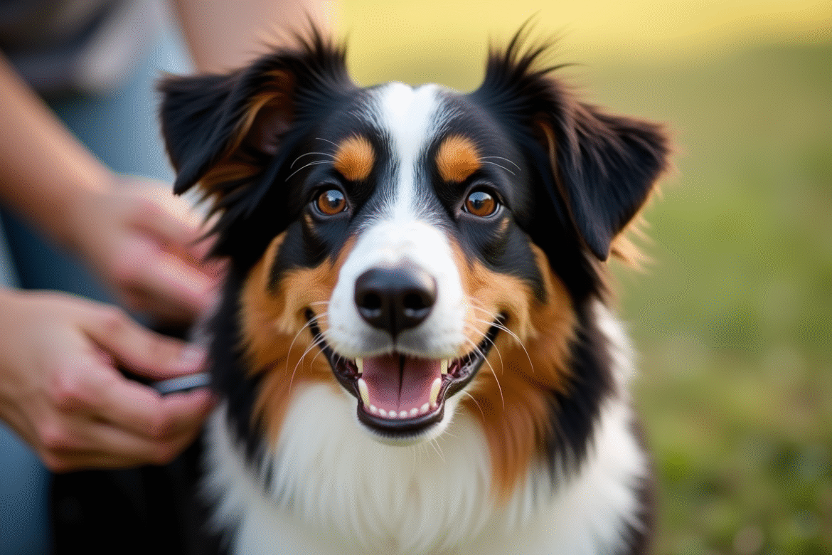 Chien australien tricolore brossé en extérieur par des mains attentionnées