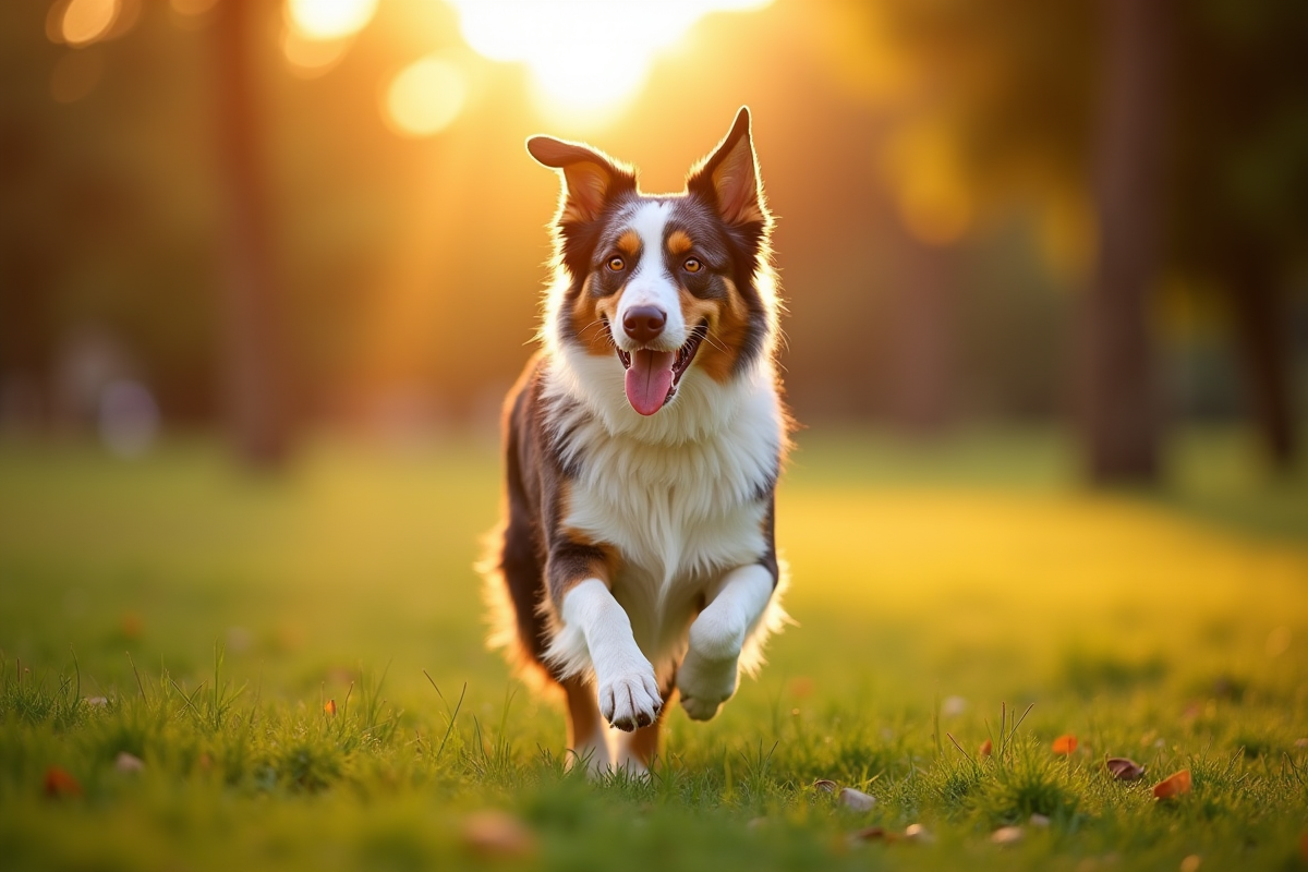 Chien australien shepherd courant dans un parc ensoleille