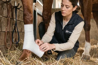 Vétérinaire appliquant un bandage de contention sur le membre antérieur d'un cheval en box pour traiter un engorgement