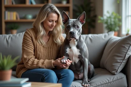 Chien Staffordshire Bull Terrier assis avec une femme attentive