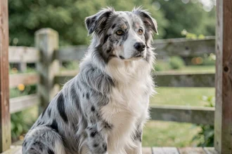 Border Collie bleu merle assis sur un porche en bois, regardant au loin avec une expression alerte