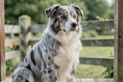 Border Collie bleu merle assis sur un porche en bois, regardant au loin avec une expression alerte