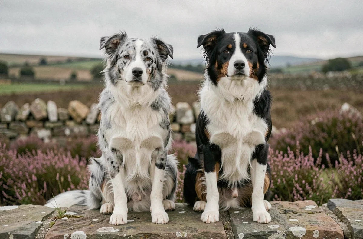 Border Collie bleu merle et Border Collie tricolore assis côte à côte sur un muret en pierre pour comparaison des robes
