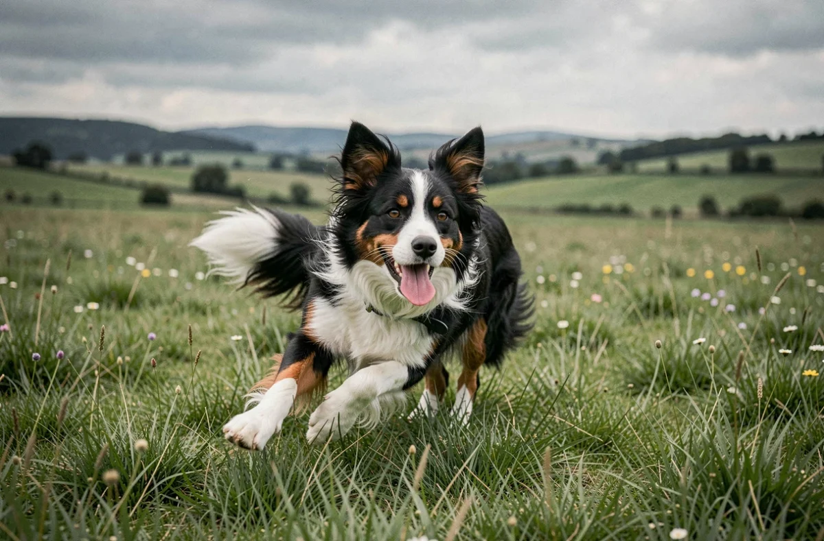 Border Collie tricolore en pleine course dans une prairie verte, pelage noir blanc et feu bien défini