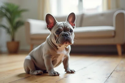 Bouledogue français de couleur lilas rare assis sur un plancher en bois dans un appartement moderne