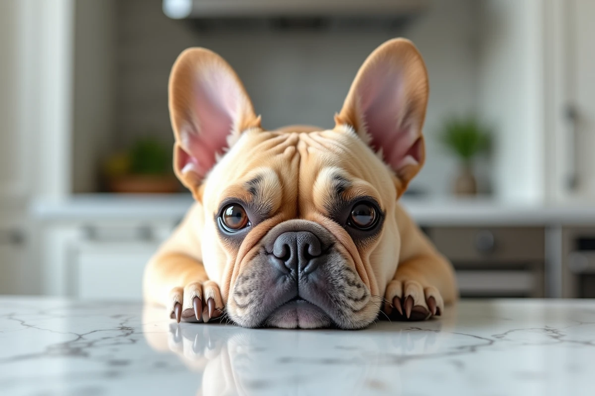 Portrait en gros plan d'un bouledogue français à la robe isabella rare posé sur un comptoir en marbre