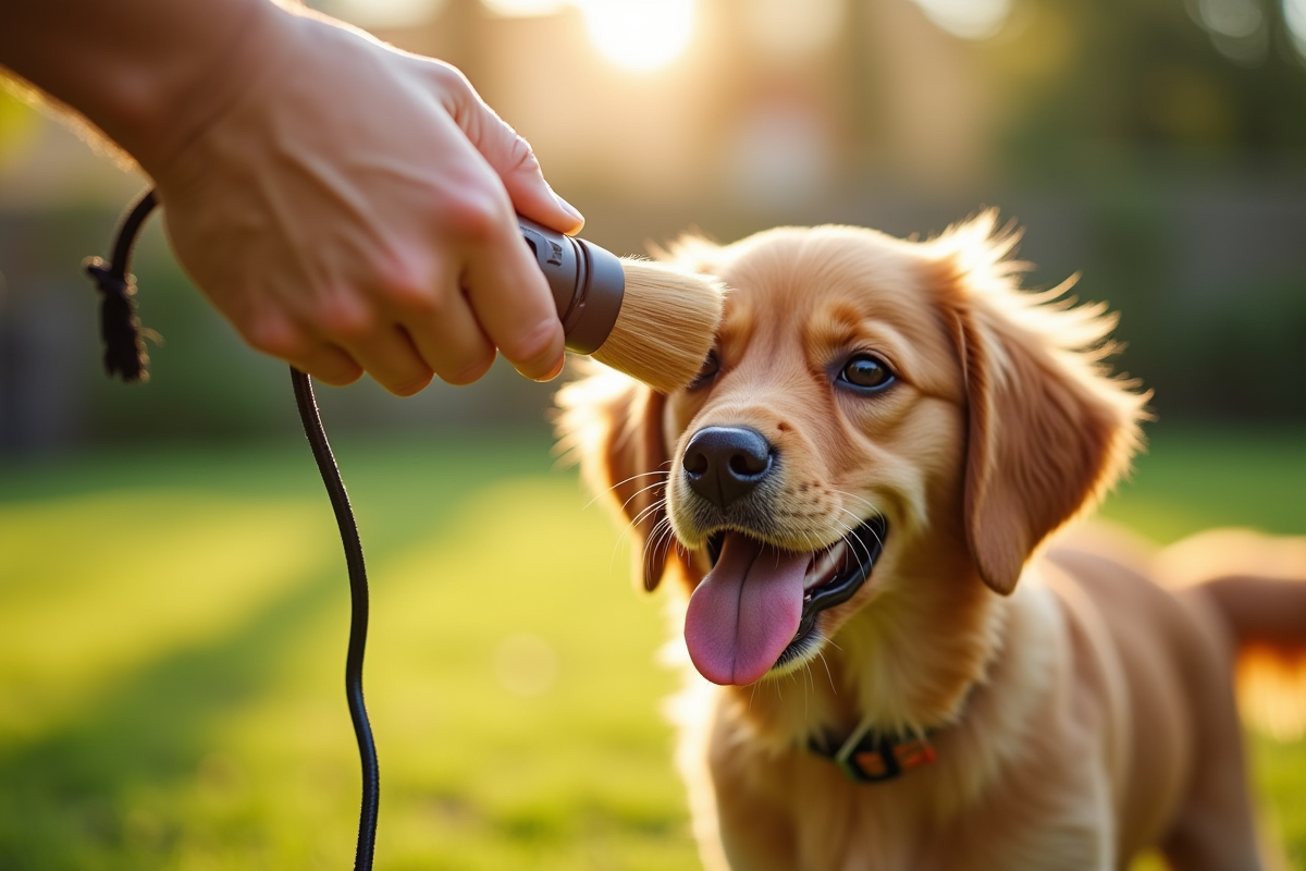 Personne brossant un golden retriever dans un jardin ensoleille