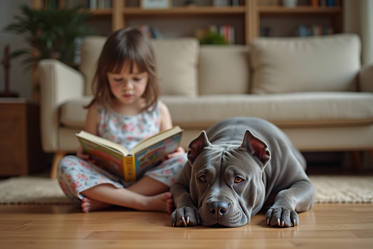 Petite fille lisant un livre à côté d'une American Bully XL allongée sur le sol d'un salon