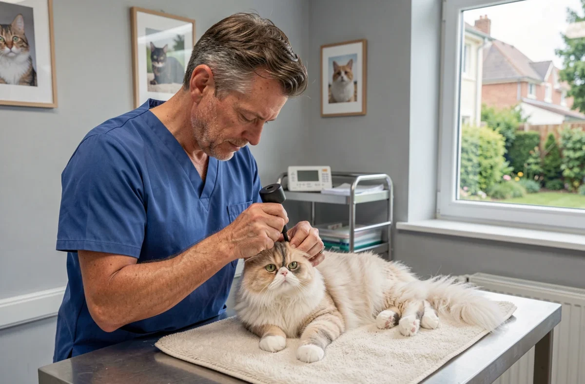Le vétérinaire Bruno Dalodier examinant un chat persan avec un otoscope dans son cabinet vétérinaire