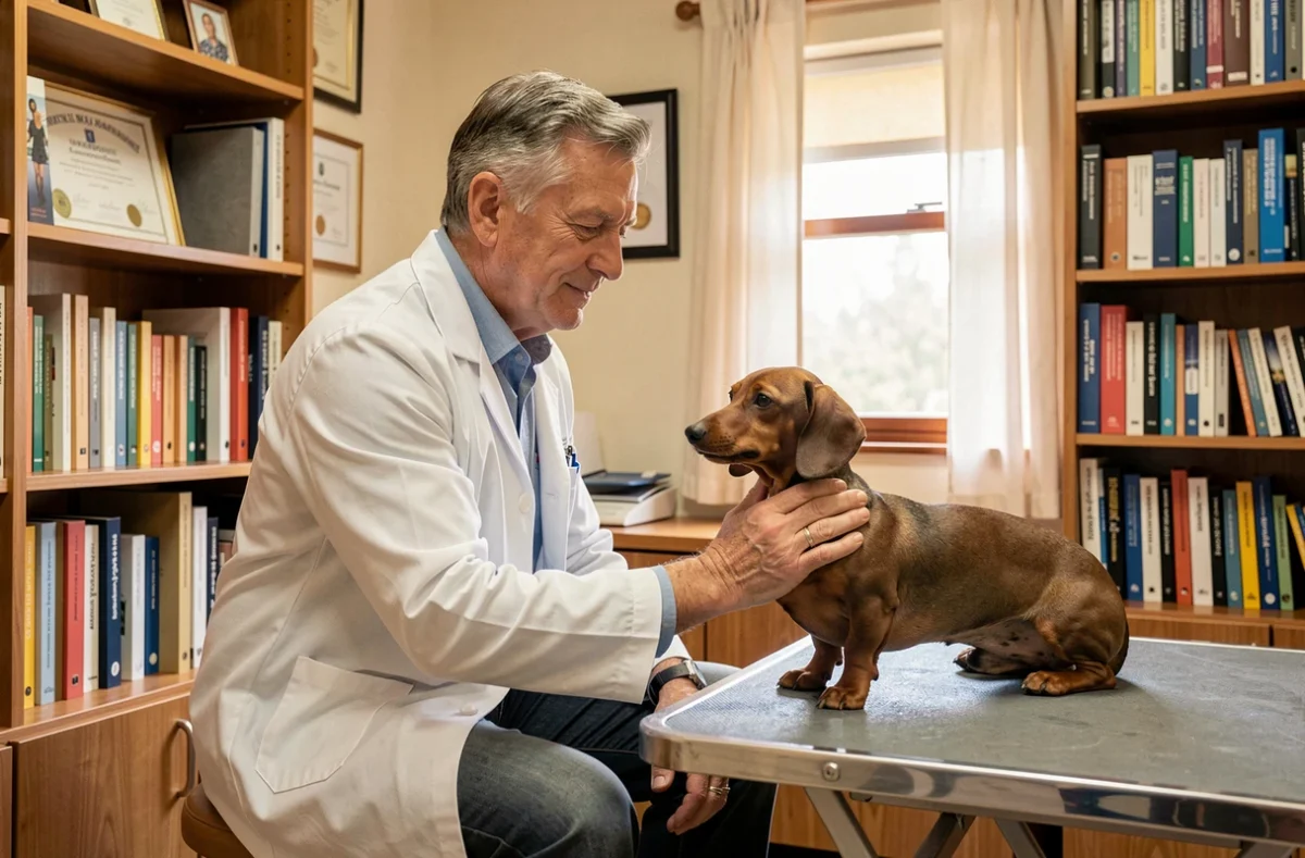 Vétérinaire Denis Valensi en consultation avec un petit chien dans son cabinet vétérinaire chaleureux