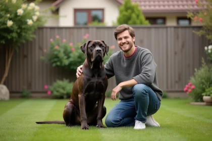 Cane Corso bleu assis avec un homme dans un jardin