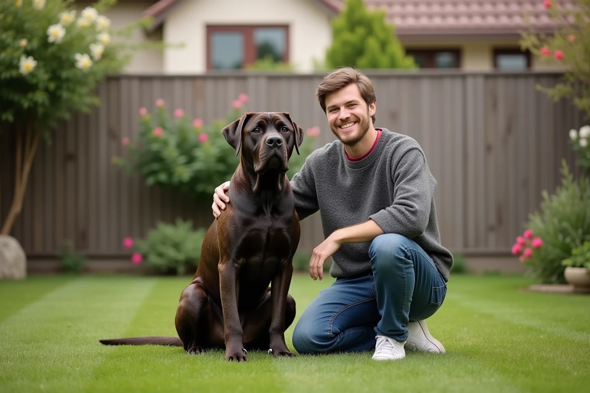 Cane Corso bleu assis avec un homme dans un jardin