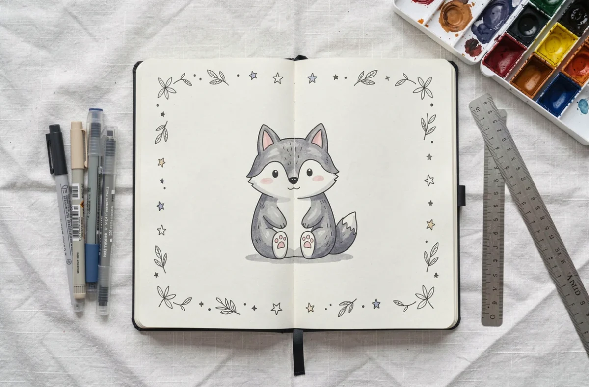 Vue à plat d'un carnet bullet journal ouvert avec un dessin de loup kawaii aquarelle entouré d'outils de dessin et de stylos fins
