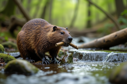 Castor construit un barrage dans une rivière au printemps