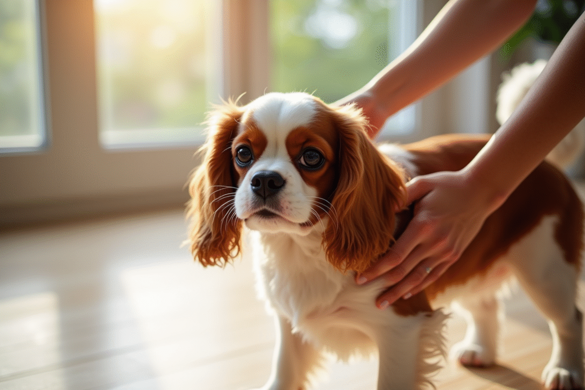 Cavalier King Charles Spaniel brossé par des mains douces