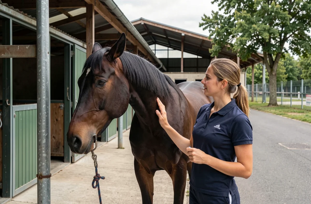 Palefrenier soignant un cheval au Centre Équestre de Villefranche-sur-Saône avec hall couvert en arrière-plan