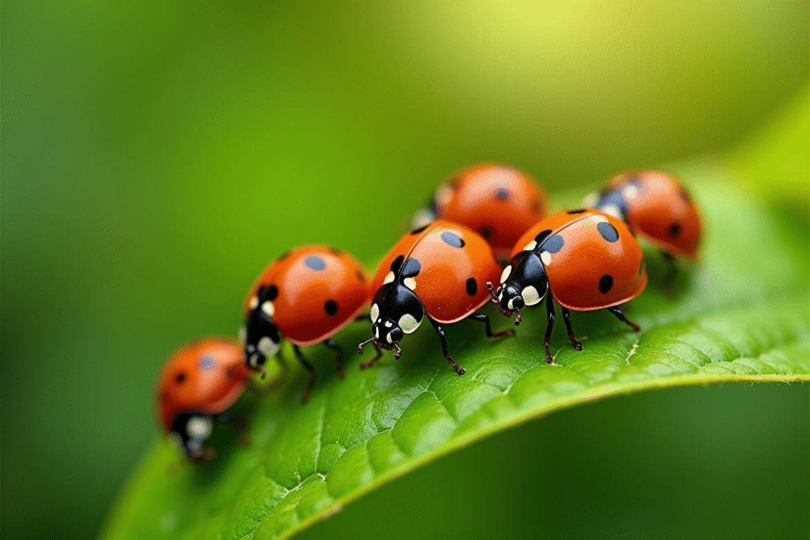 Groupe de coccinelles rouges sur une feuille verte