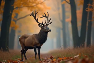 Cerf en train de bramer en lisière de forêt automnale lors du rut, forêt brumeuse en arrière-plan