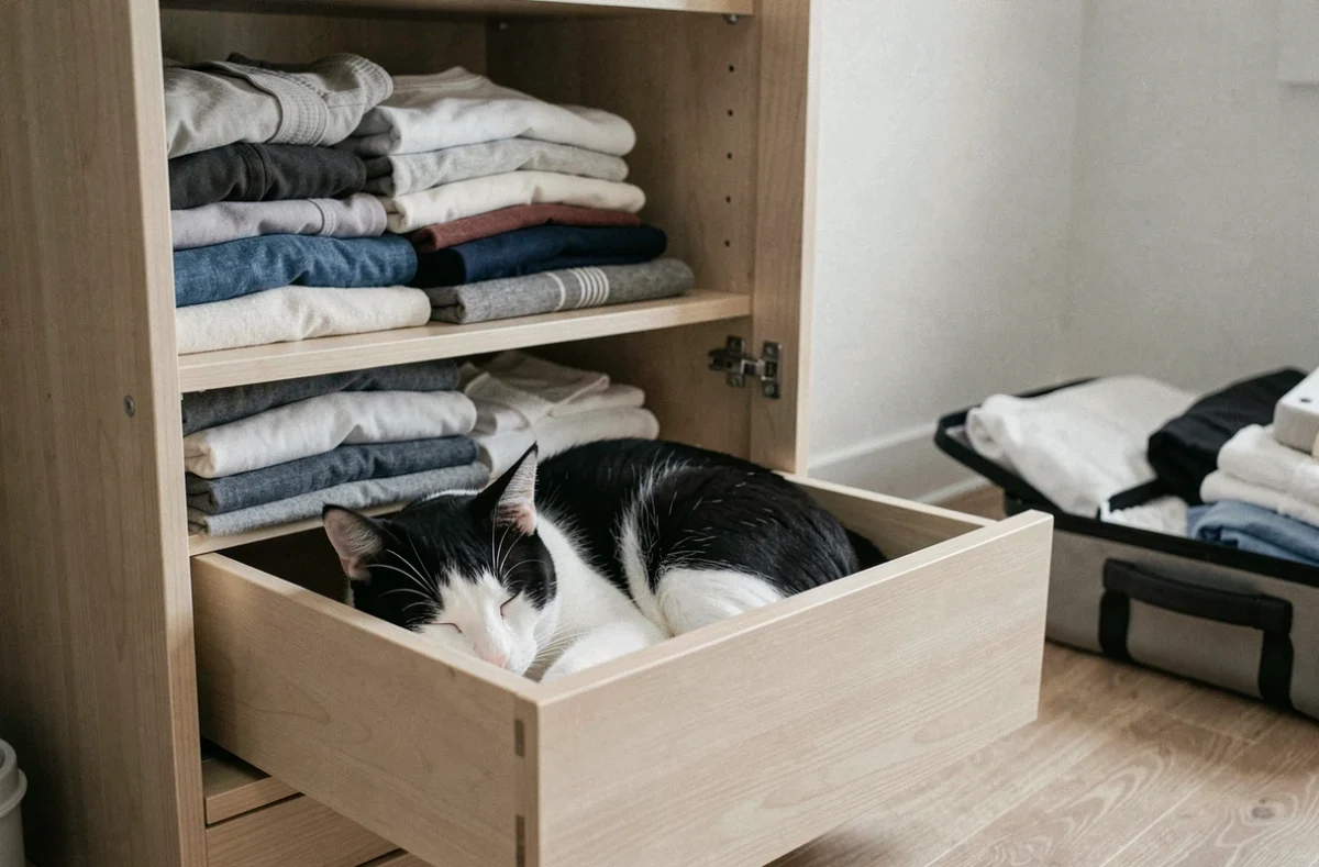 Chat noir et blanc endormi dans un tiroir d'armoire après un déménagement stressant