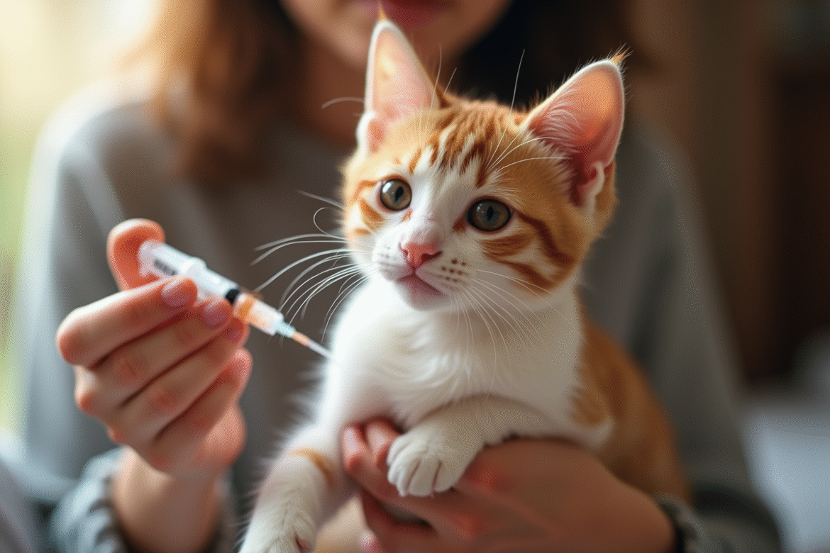 Chat domestique recevant une injection d insuline dans un cadre chaleureux