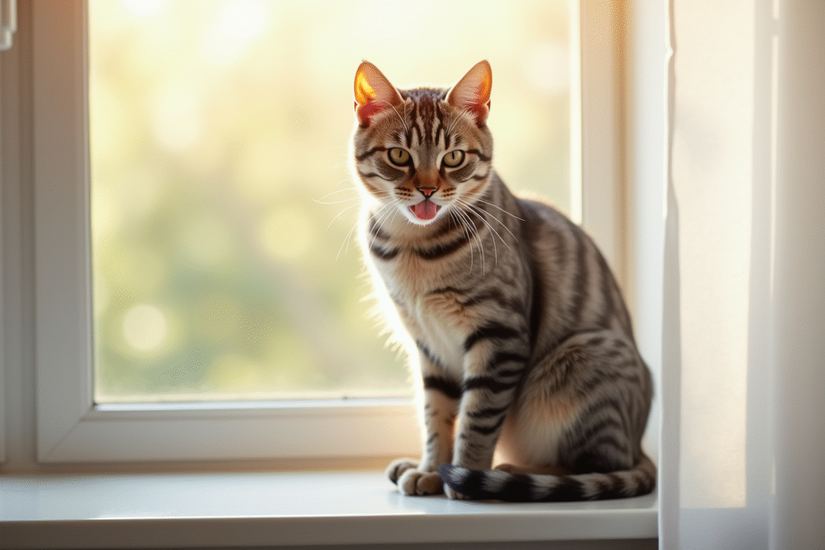 Chat domestique se toilettant sur une fenêtre lumineuse