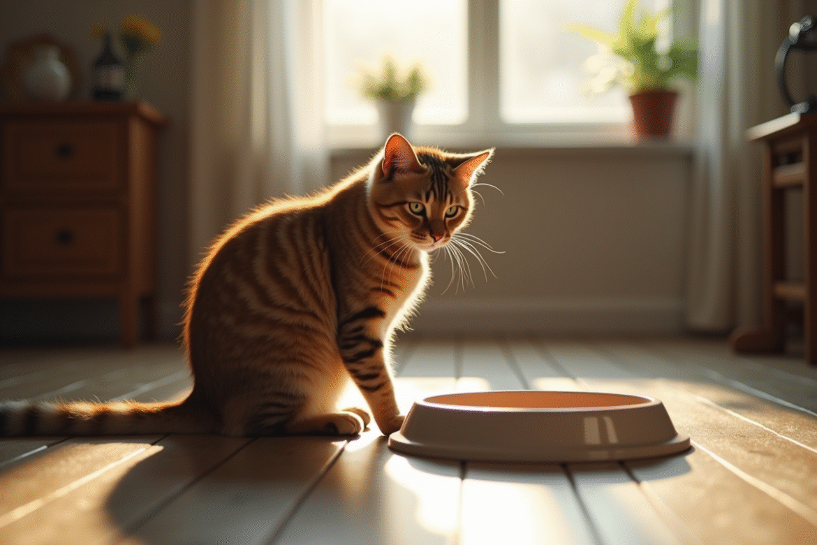 Chat domestique fatigué regardant une gamelle vide dans le salon